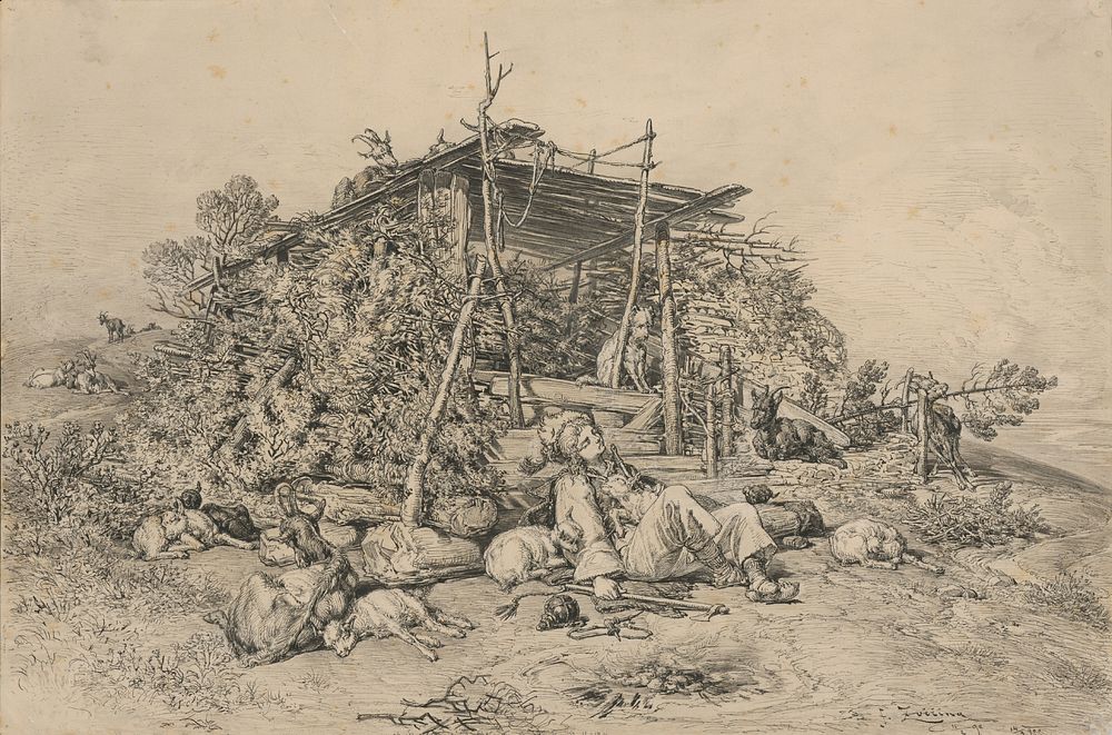 Sleeping shepherd in front of the shepherd's hut