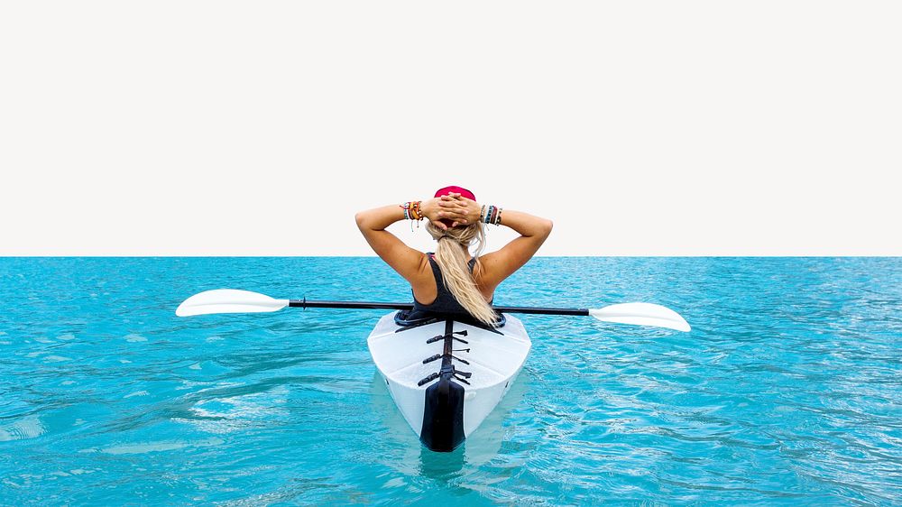 Travel blue lake desktop wallpaper, woman in canoe background psd