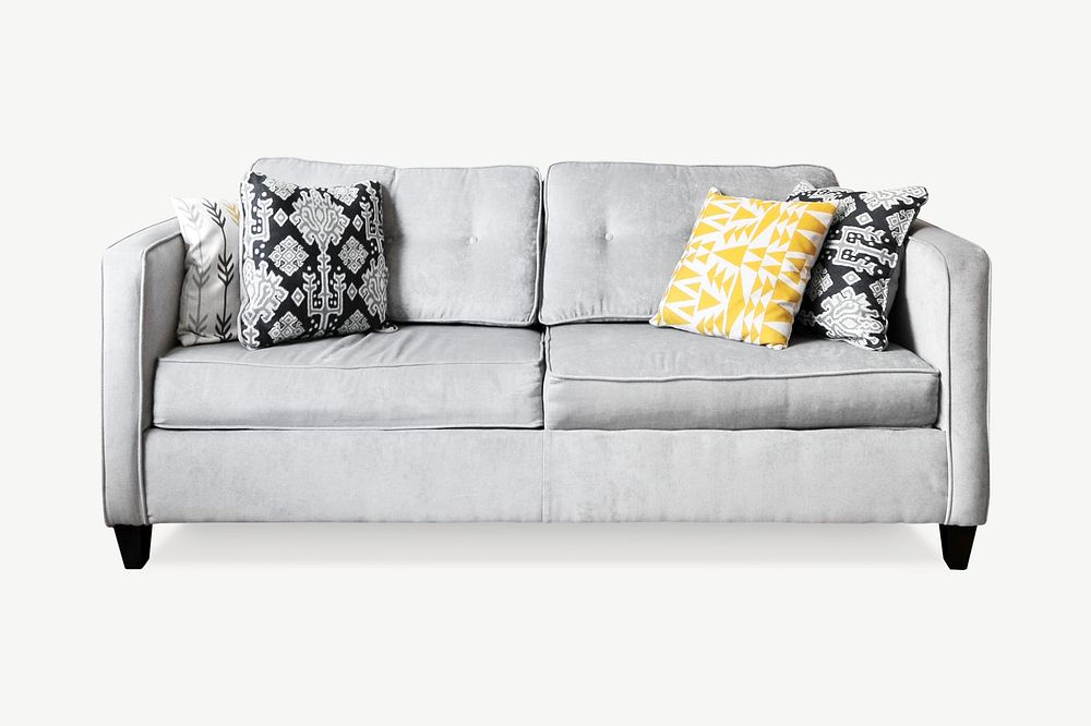 Gray couch with decorative pillows isolated psd