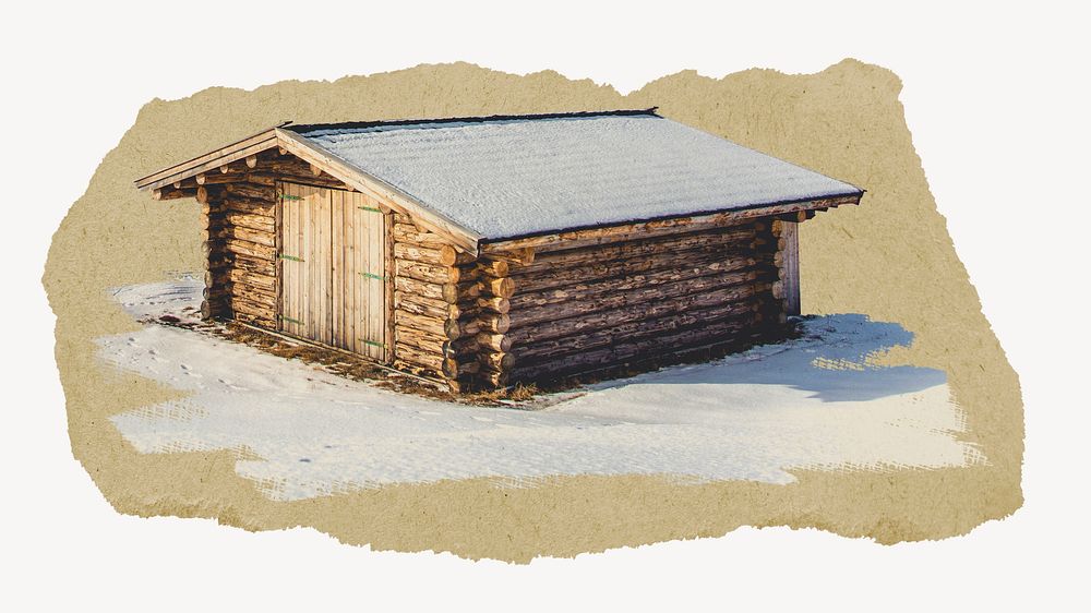 Wooden house covered in snow collage element psd