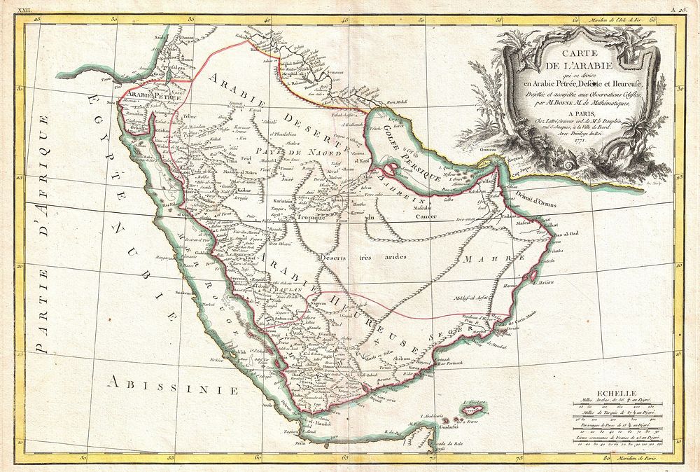 A beautiful example of Rigobert Bonne's 1771 decorative map of the Arabian Peninsula. Covers from the Mediterranean to the…