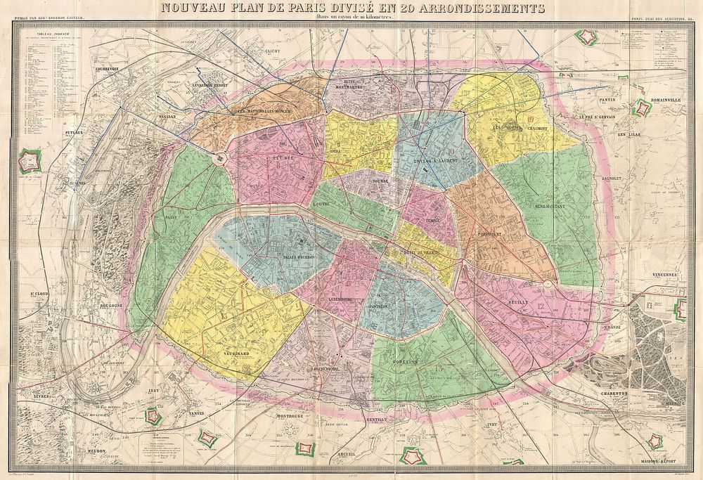 An extremely large 1878 pocket of Paris by A. Logerot. Covers the walled center of Paris as well as its immediate vicinity…