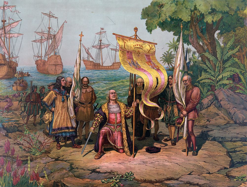 Christoper Columbus arrives in America (1893) painting by L. Prang & Co., Boston.