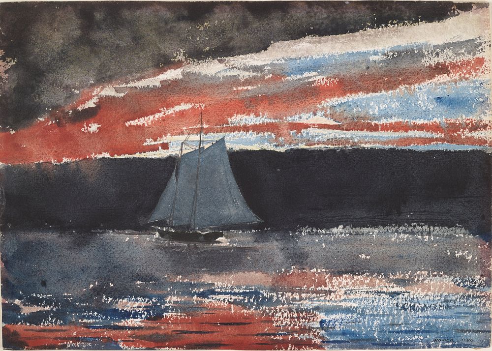 Schooner at Sunset (1880) watercolor by Winslow Homer
