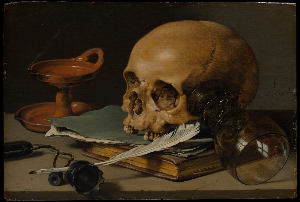 Still Life with a Skull and a Writing Quill (1628) by Pieter Claesz