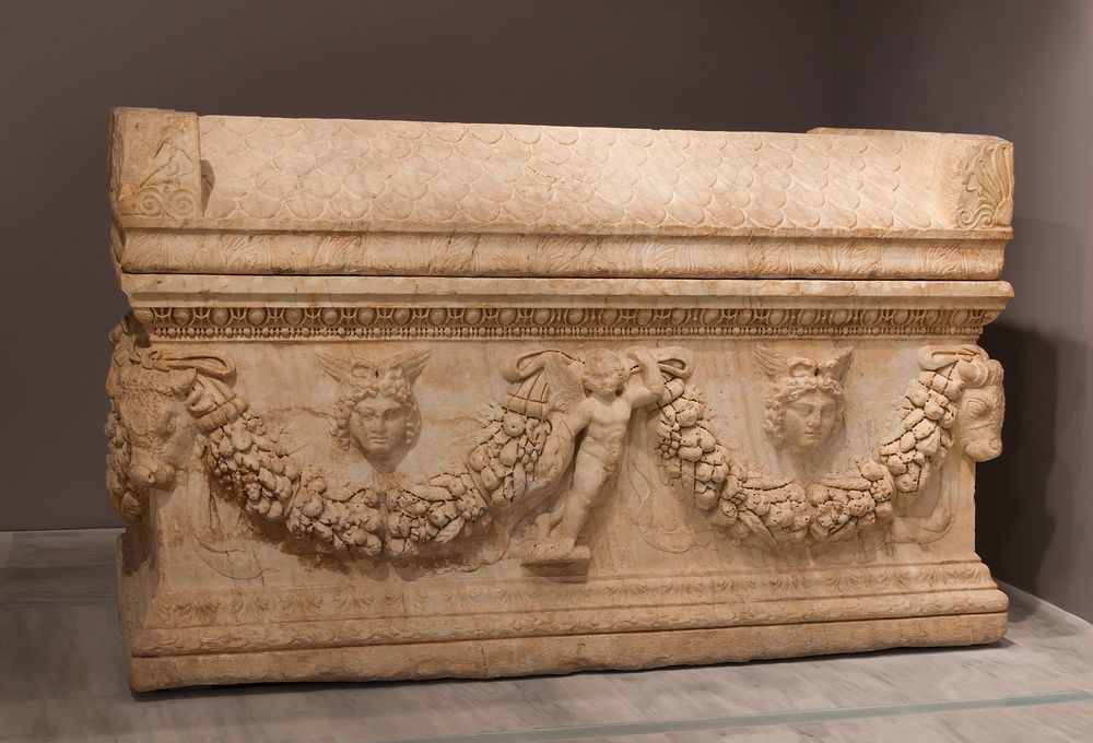 Marble sarcophagus, found under the altar of a christian basilica. Malia, Roman period, 3rd century BCE. Crete, Greece.