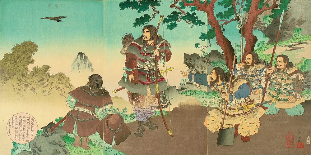 Emperor Jinmu, Stories from "Nihon Shoki" (Chronicles of Japan) (1891) woodblock print by Ginko Adachi.