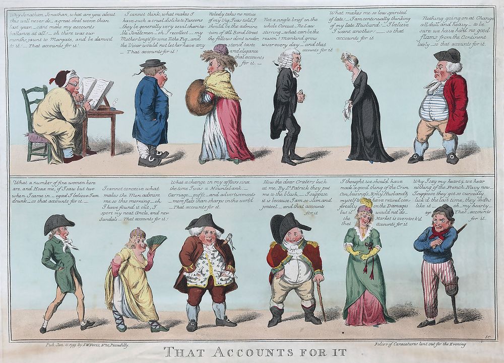 Print shows a number of men and women each with a particular problem that seems to be troubling them, they contrive a…