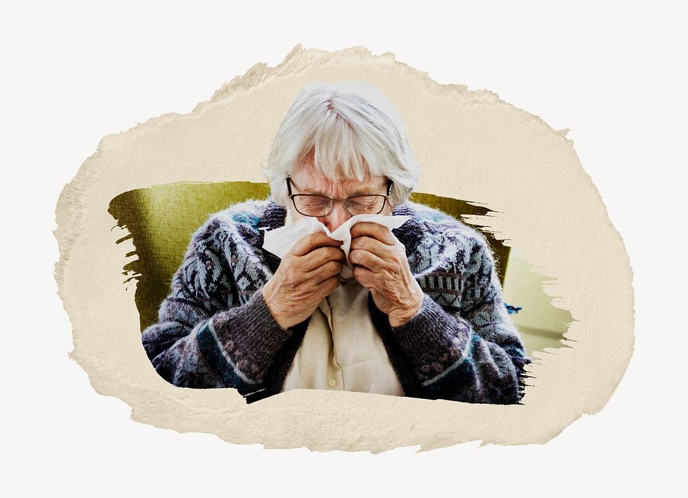 Senior woman sneezing collage element psd