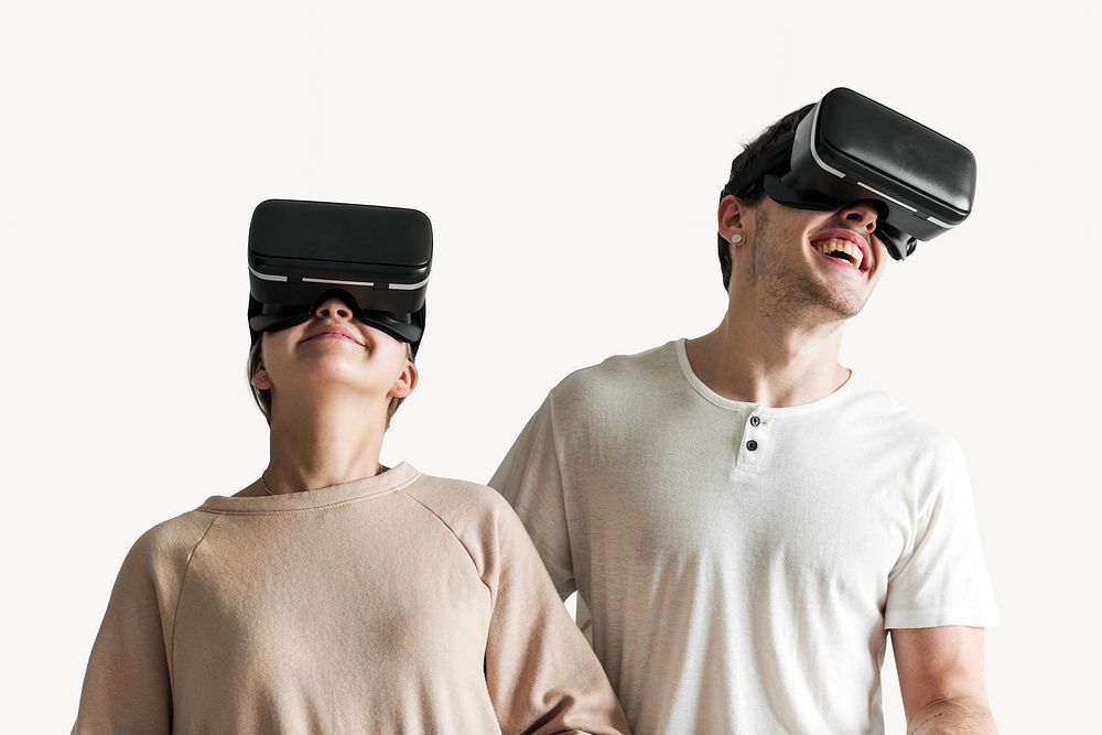 Couple wearing VR glasses isolated image
