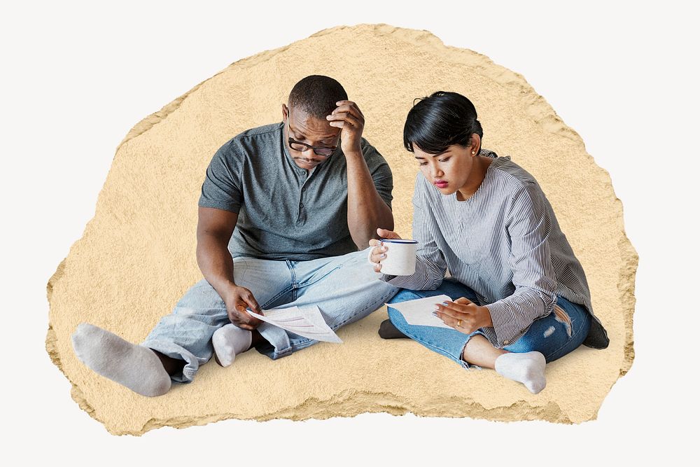 Couple managing the debt collage element psd
