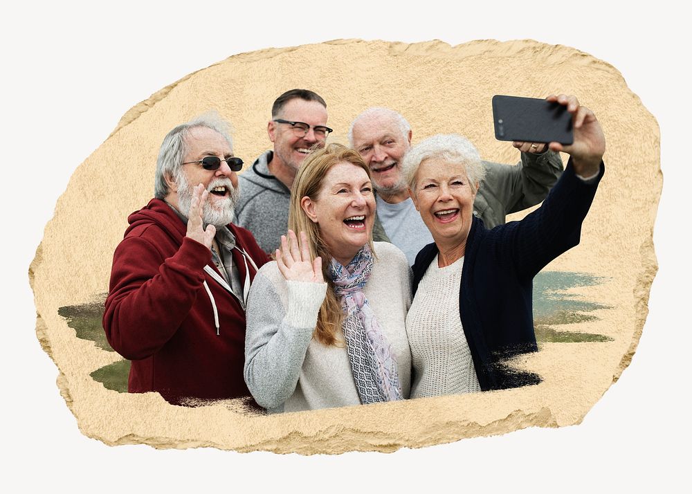 Group of happy seniors taking a selfie collage element psd