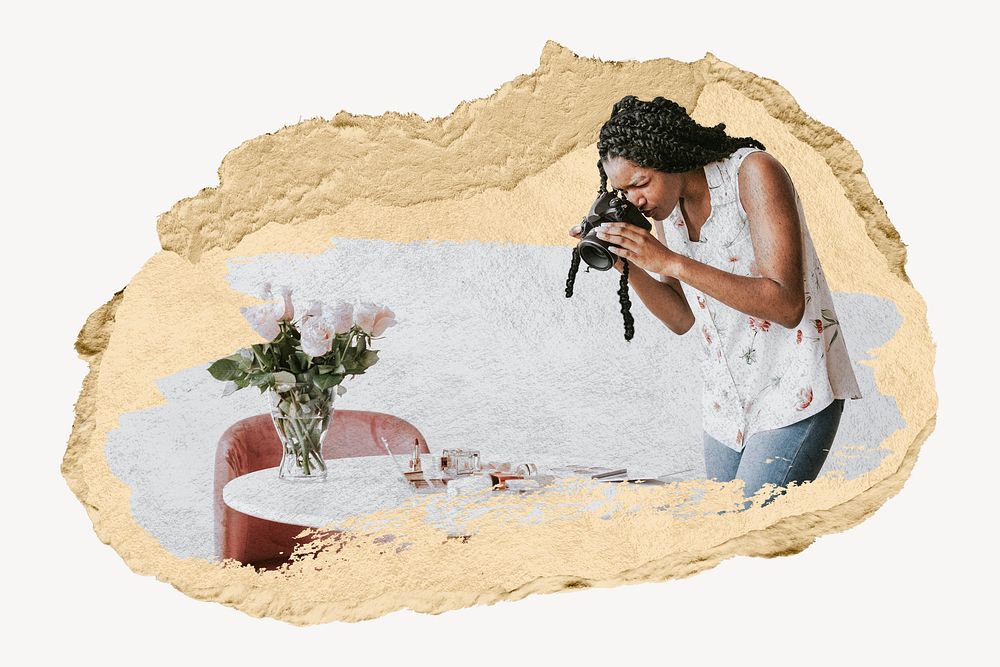 Female photographer shooting beauty products on the table collage element psd