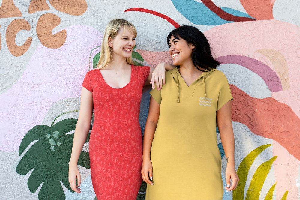 Friends dress mockup psd, happy women wearing summer apparel, editable & customizable design