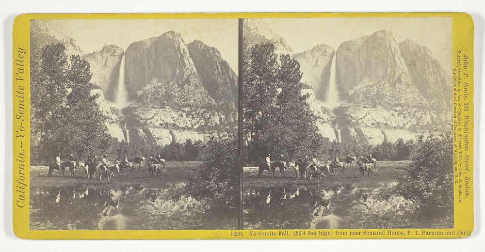 Yo-Semite Fall, (2634 feet high) from near Sentinel House, P. T. Barnum and Party, No. 1220 from the series "California --…