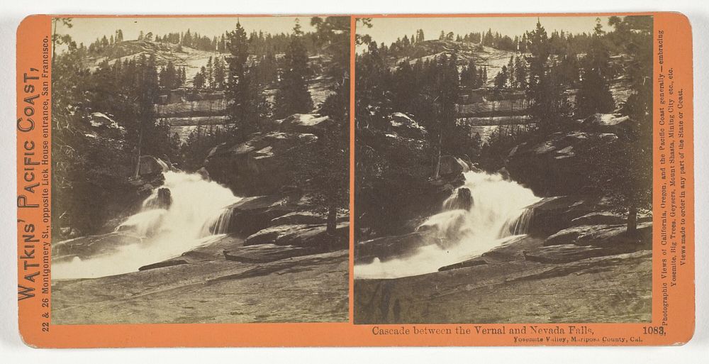 Cascade Between the Vernal and the Nevada Falls, Yosemite Valley, Mariposa County, Cal., No. 1083 from the series "Watkins'…
