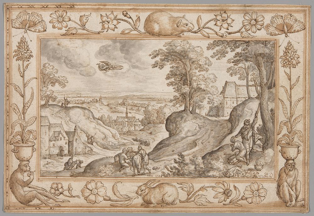 Landscape with the Sacrifice of Isaac within a Decorative Border of Plants and Animals by Hans Bol