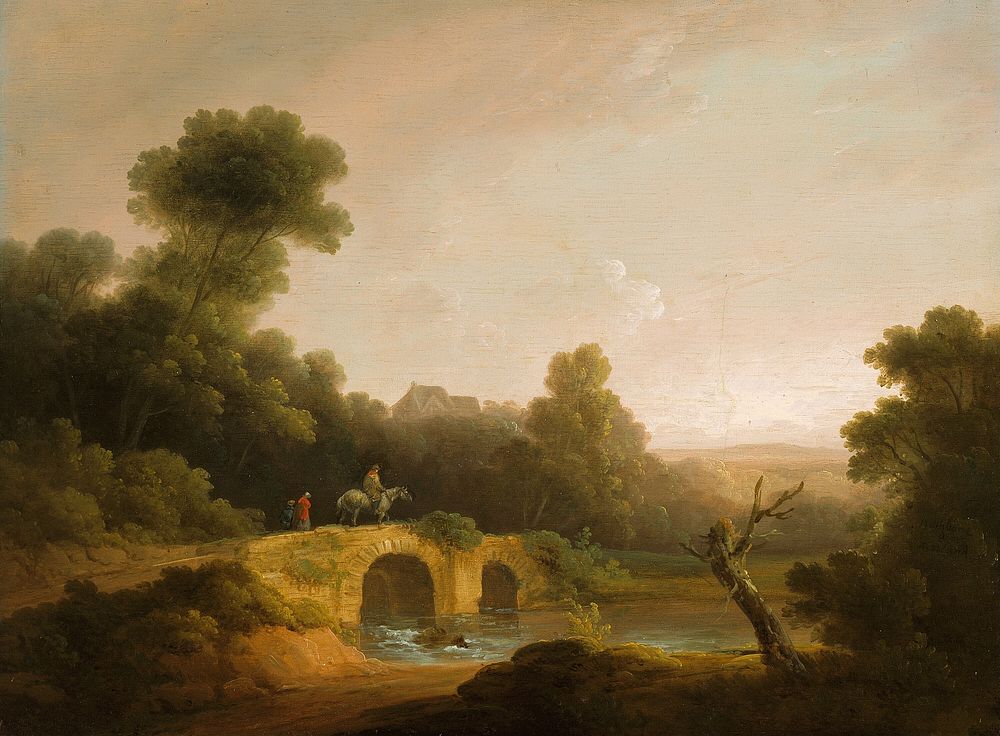 Landscape with Figures Crossing a Bridge by John Rathbone
