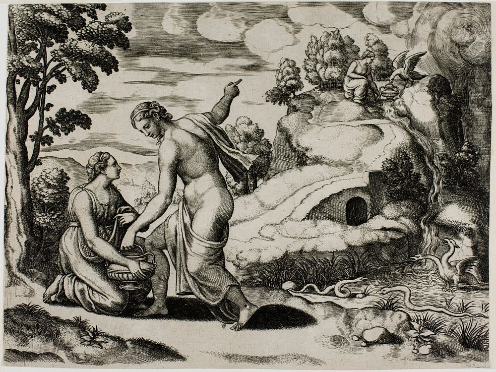 Venus Ordering Psyche to Seek Water From a Fountain Guarded by Dragons by Master of the Die