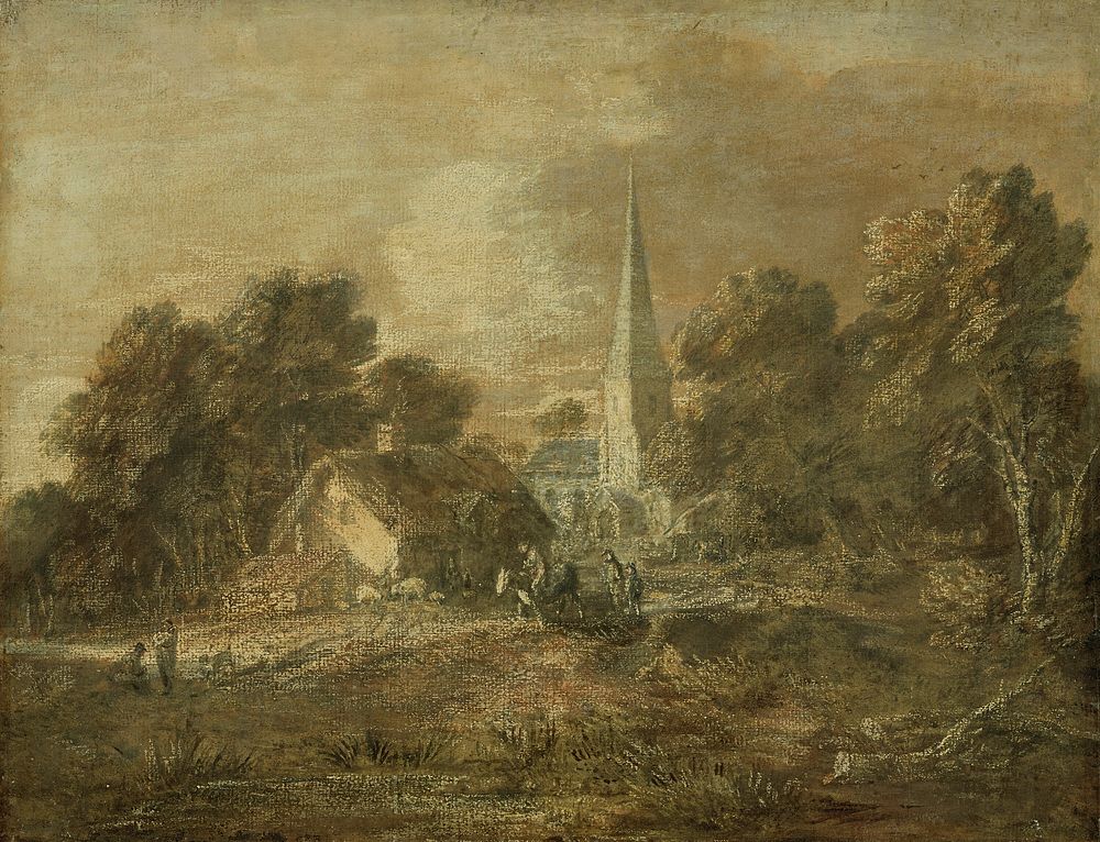 Wooded Landscape with Village Scene by Thomas Gainsborough
