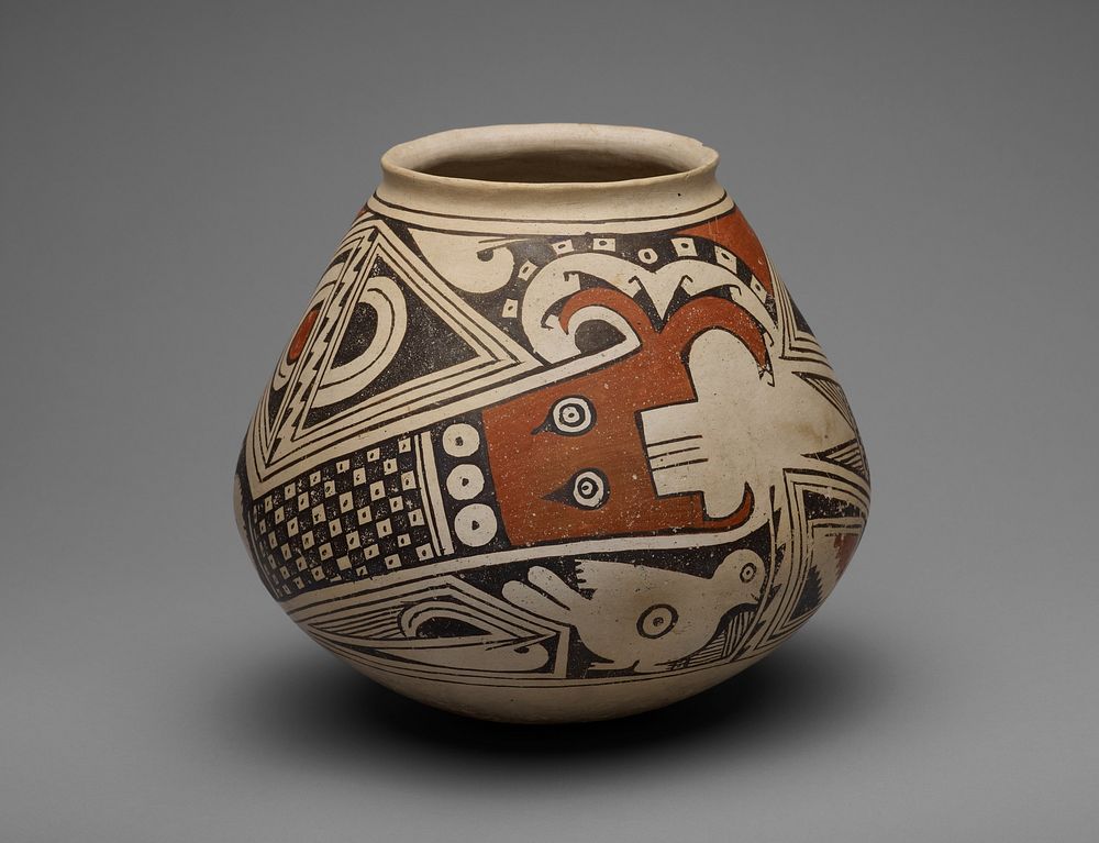 Jar with Two Plumed or Horned Serpents with Birds and P-shaped Motifs by Casas Grandes