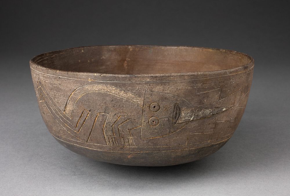 Bowl Depicting Incised and Painted Abstract Crouching Figure by Paracas