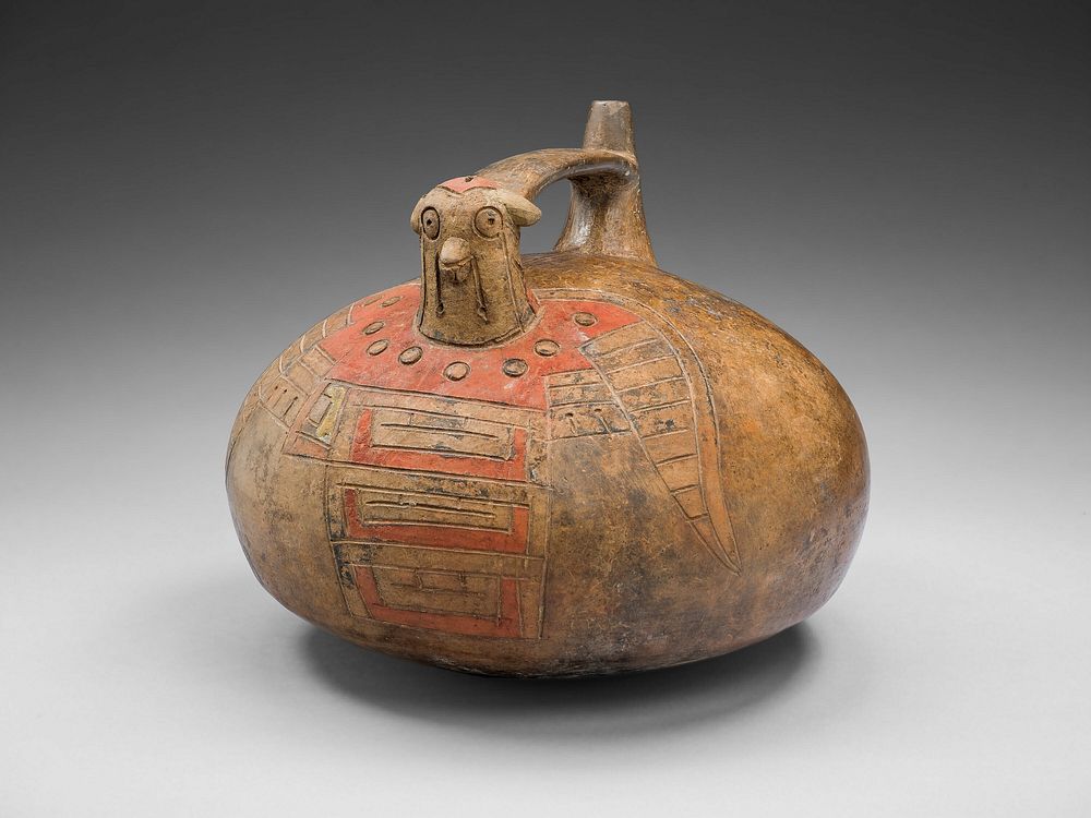 Strap-Handled Vessel in the Form of a Bird with Abstract Pattern on Body by Nazca