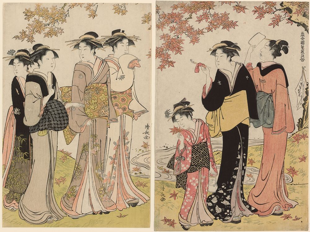 Beauties Under a Maple Tree, from the series "A Collection of Contemporary Beauties of the Pleasure Quarters (Tosei yuri…