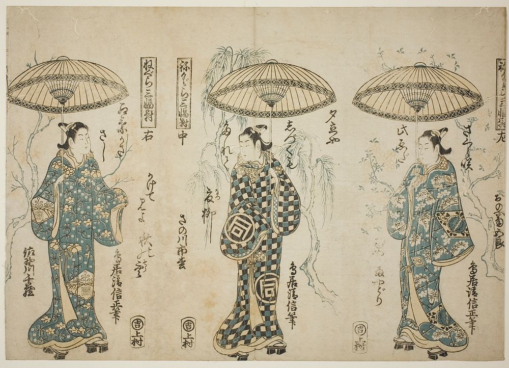 The Actors Onoe Kikugoro I (right), Sanogawa Ichimatsu I (center), and Sanogowa Senzo (left), from the triptych "Negura…