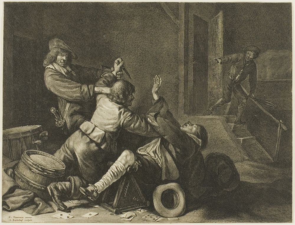 Three Men Struggling in an Interior by Jonas Suyderhoef