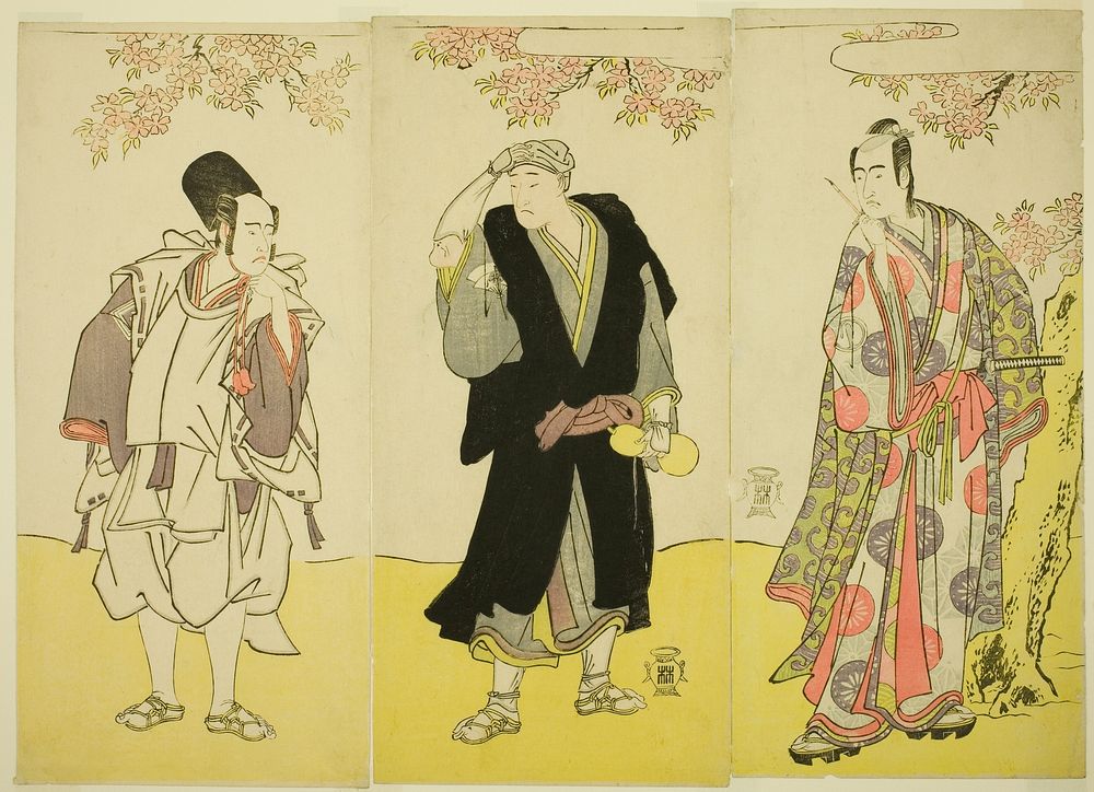 The Actors Sawamura Sojuro III as Kusunoki Tatewaki Masatsura (right), Onoe Matsusuke I as the Monk Sahei Bozu (center) and…