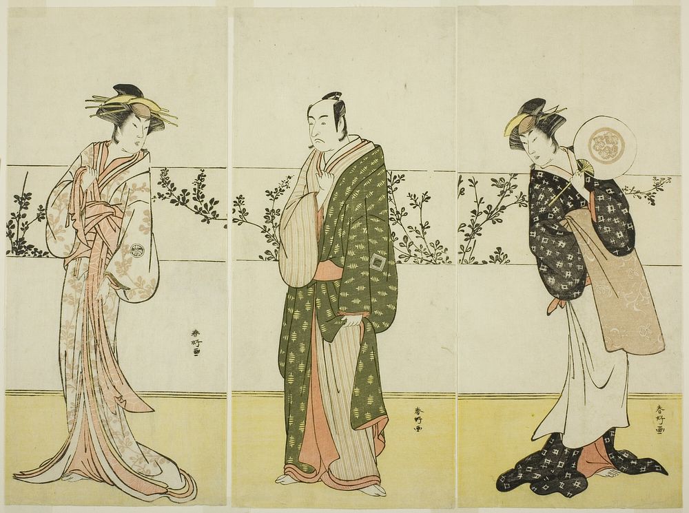 The Actors Osagawa Tsuneyo II (right), Ichikawa Monnosuke II (center), and Segawa Kikunojo III (left), Possibly as Misao…