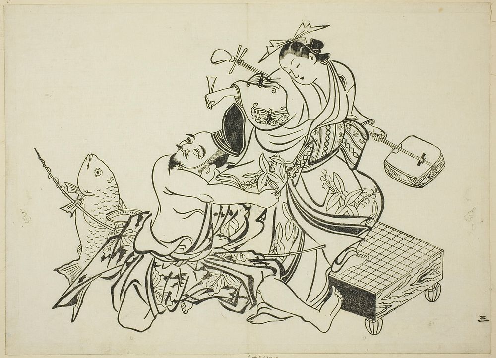 Ebisu flirting with a courtesan, no. 3 from a series of 12 prints by Okumura Masanobu