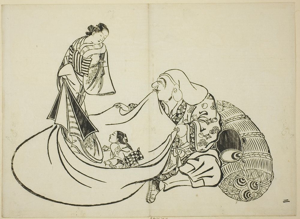 Daikoku revealing the contents of Hotei's bag, no. 2 from the series of 12 prints by Okumura Masanobu