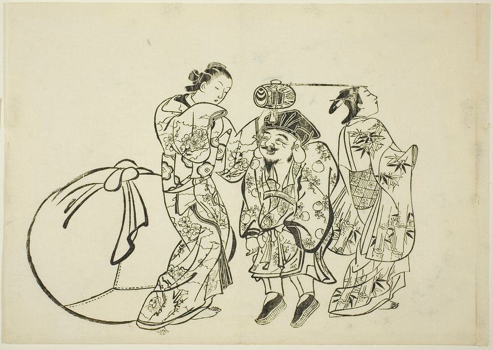 Measuring Daikoku's height, no. 5 from a series of 12 prints by Okumura Masanobu