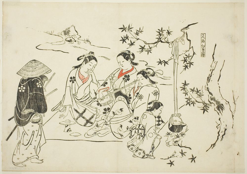 Heating Sake with Maple Leaves (Kanzake momijigari), no. 9 from a series of 12 prints depicting parodies of plays by Okumura…