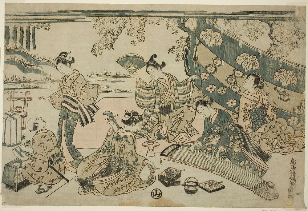 A picnic under cherry trees by Torii Kiyomitsu I