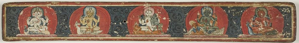 Hindu Manuscript Cover with Ganesha, Brahma, Shiva and Parvati, Vishnu, and Karttikeya