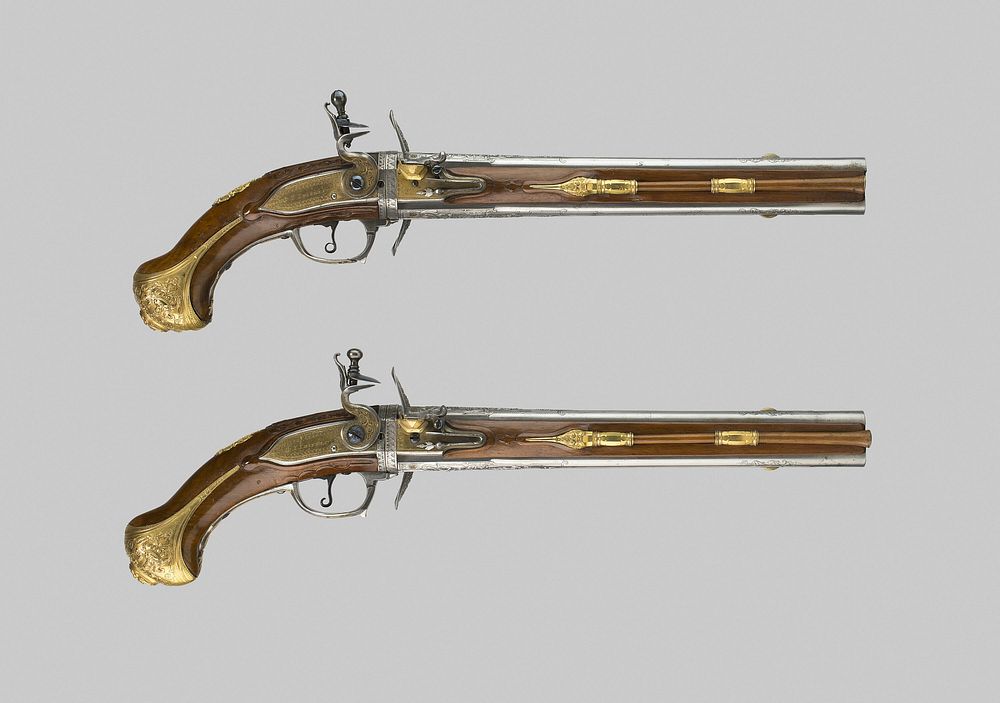 Double-Barrel Revolving Flintlock Holster Pistol (One of a Pair) by T. Thiermay