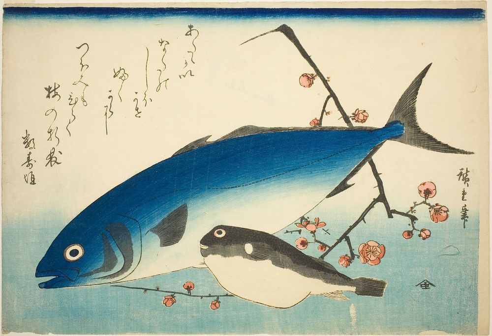 Yellowtail, blowfish, and plum branch by Utagawa Hiroshige