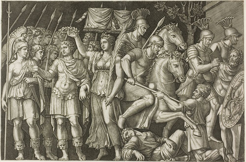 Trajan Crowned by Victory by Marcantonio Raimondi