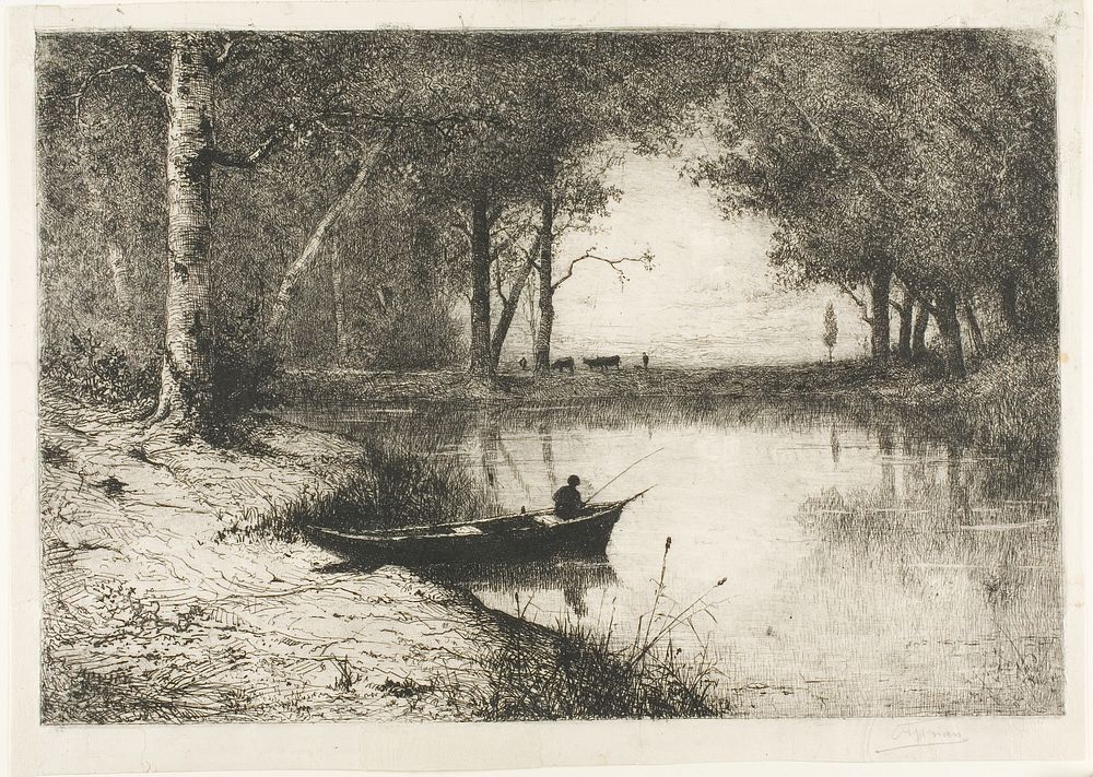 Fisherman in a Boat at the Riverside by Adolphe Appian