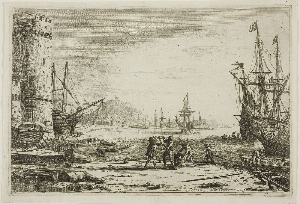 Harbor with a Large Tower by Claude Lorrain