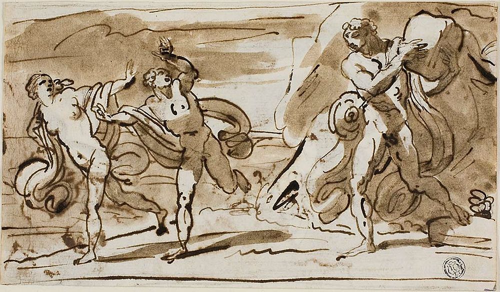 Polyphemus Throwing Boulders at the Fleeing Aeis and Galatea (recto); Polyphemus Playing His Reed Pipes for Galatea (verso)…