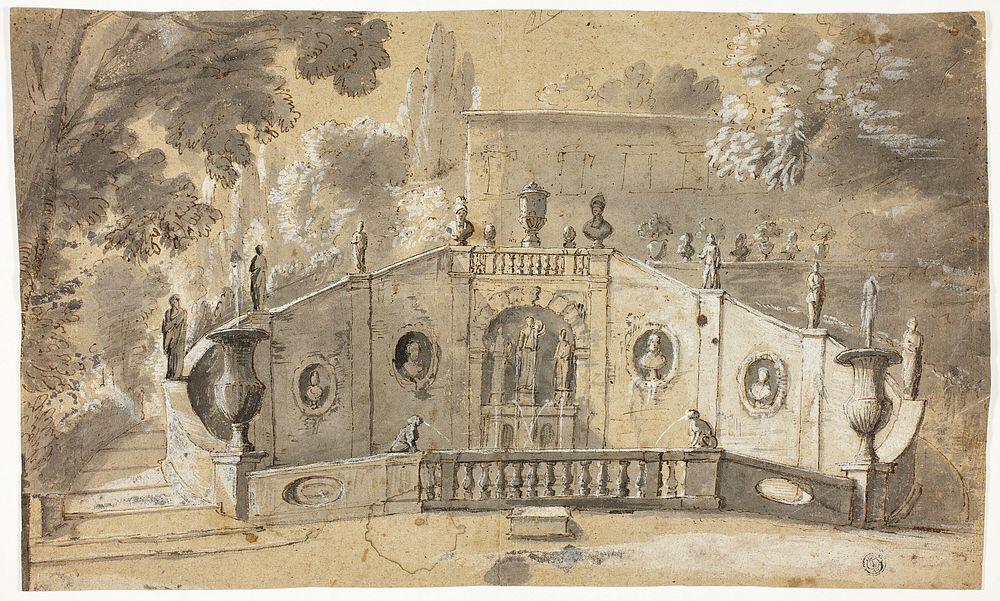 Staircase and Fountain (recto); Seated Male Nude in Profile to Left, Looking Upward (verso) by Unknown artist