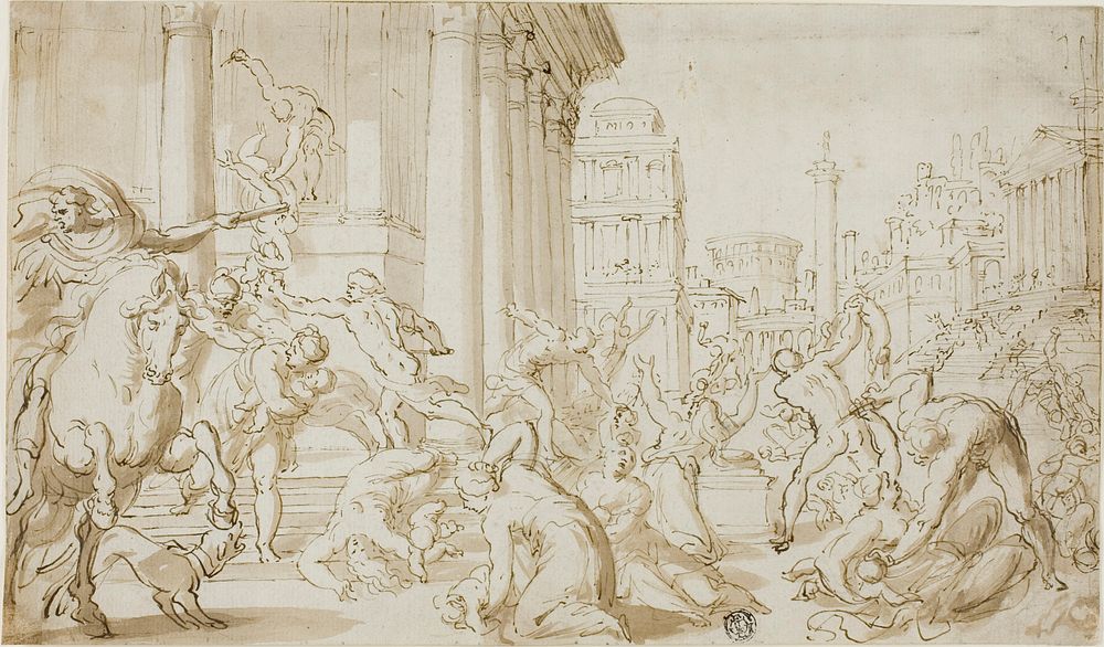 Massacre of the Innocents (recto); Figure Sketches (verso) by School of Nicolas Poussin