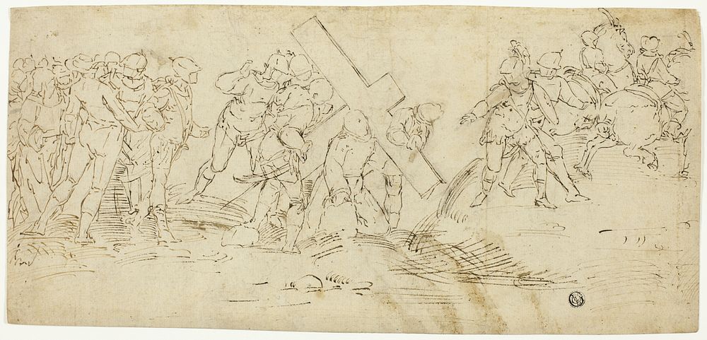 Via Crucis; Christ Falling Beneath the Cross (recto) Sketch of Male Nude (verso) by Follower of Luca Cambiaso