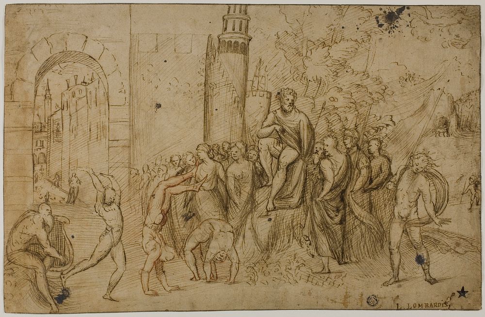 Acrobats Performing Before a Ruler (recto); Outdoor Scene with Group of Figures (verso) by Giovanni Antonio da Pordenone