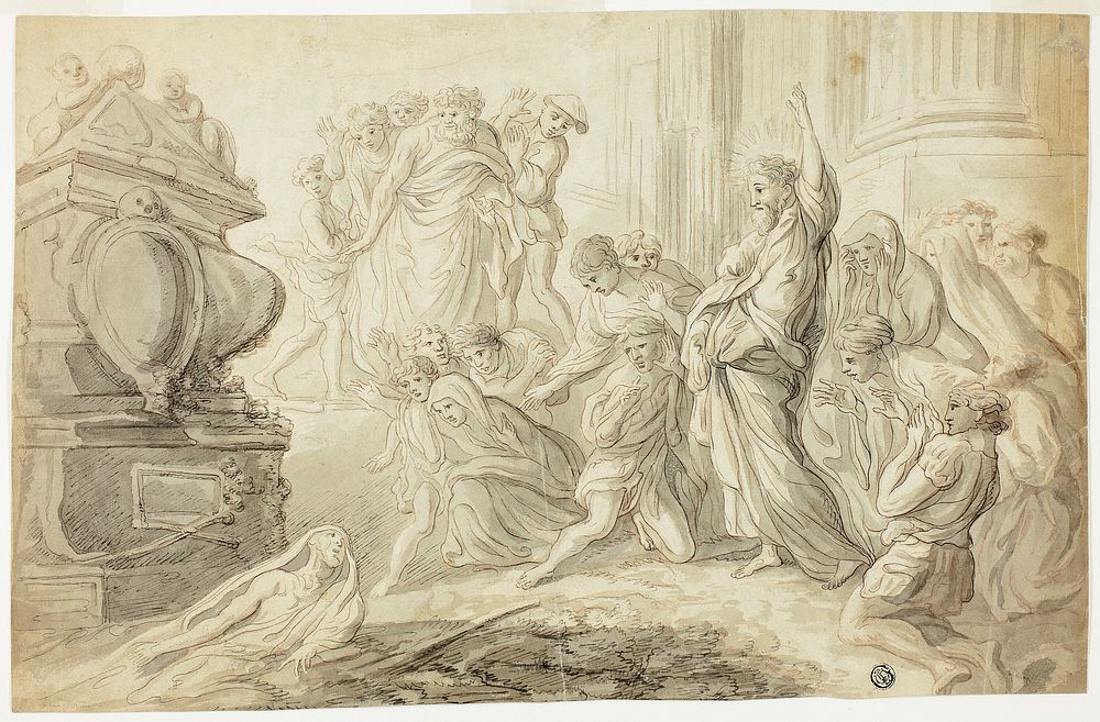 Raising of Lazarus (recto); Travelers with Cart Outside Inn (verso) by Giovanni Benedetto Castiglione