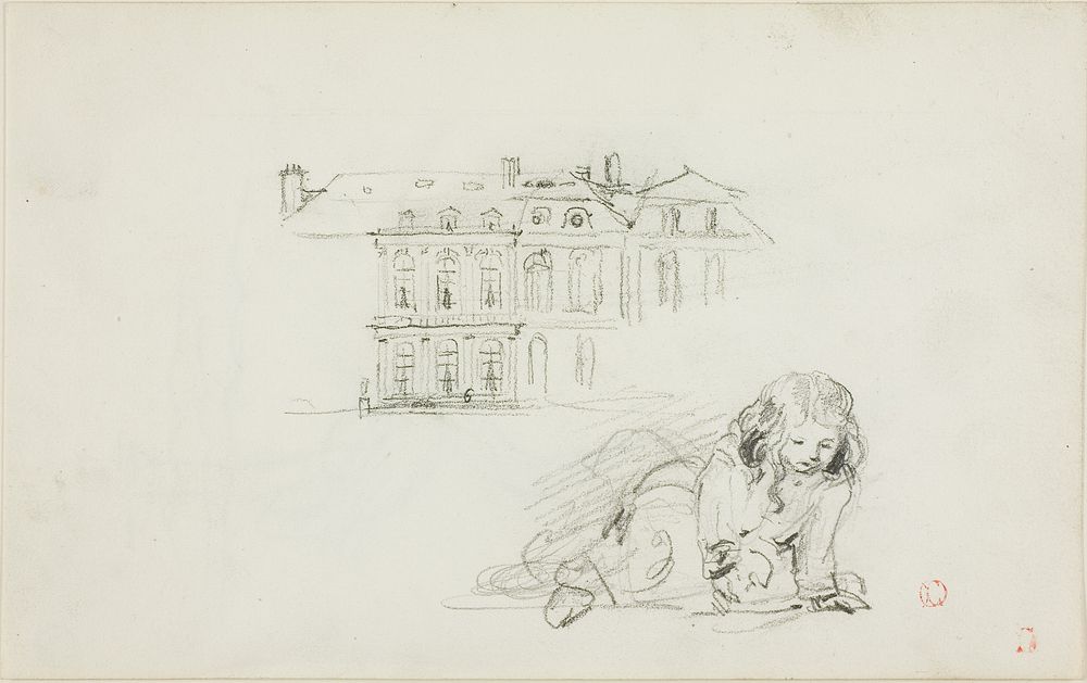 Sketches: The Hotel de Ville, Tours and a Girl Playing (recto); Stork (verso) by Charles François Daubigny